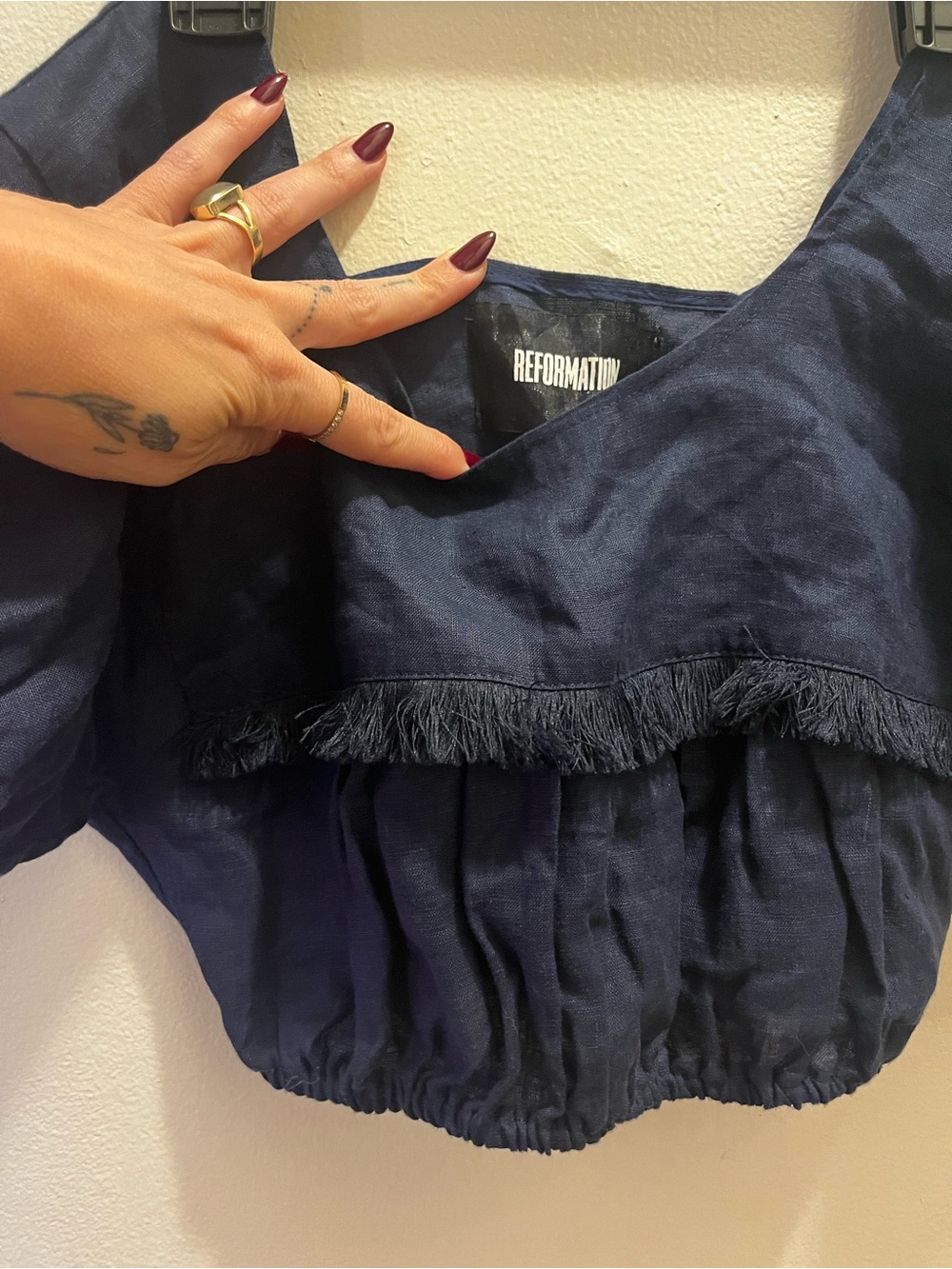 Navy blue Reformation ultra crop linen top